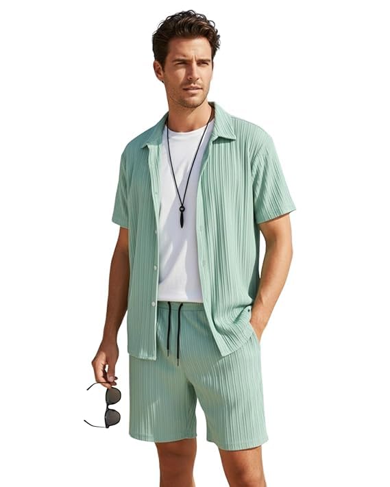 Men’s cotton Co-Ord Set | Solid Short Sleeve Button-Down Shirt & ...