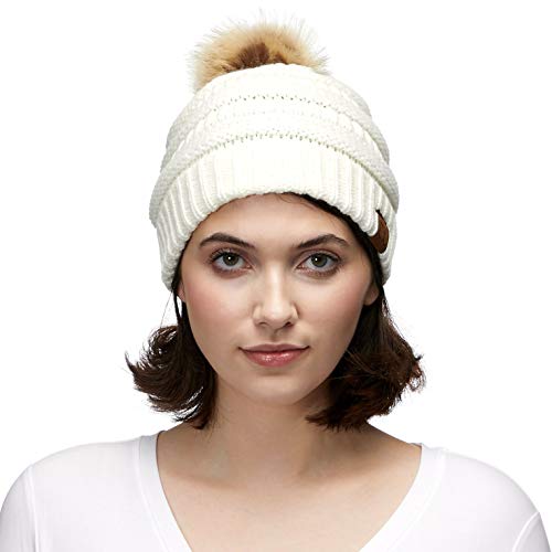 Image of CC Fur Pom Winter Fall Chunky Stretchy Cable Knit Beanie Hat