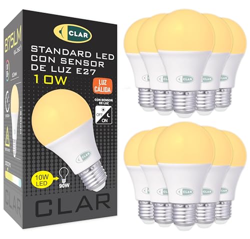 CLAR - Bombilla Sensor Crepuscular 10W, Sensor Crepuscular exterior, Bombilla con Sensor Crepuscular, Bombilla con Sensor Noche y Dia, Luz Cálida (Pack 10)