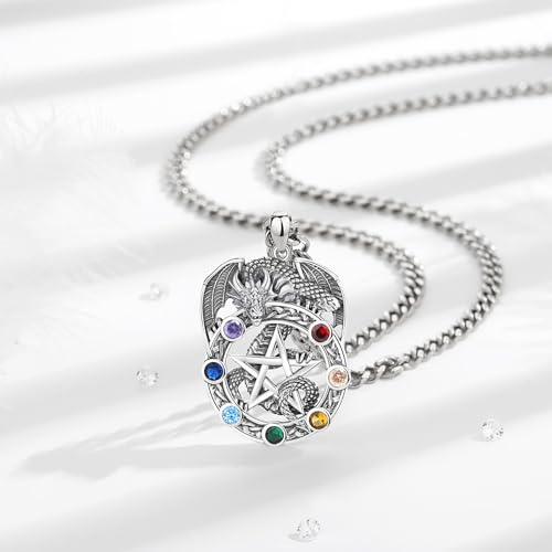INFUSEU 7 Chakra Dragon Pentagram Necklace for Men Women Fathers Day Sterling Silver 925 Pentacle Jewelry Goth Gothic Pendant Pagan Charm Spiritual Gifts3