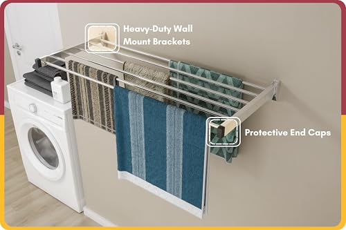 Image of Amiraj Heavy Duty Stainless Steel Wall Mounted Clothes Drying Rack | Foldable & Space Saving Cloth Dryer Stand for Balcony, Laundry & Bathroom | Rust-Free Laundry Rack (4 Feet, 6 Pipe)