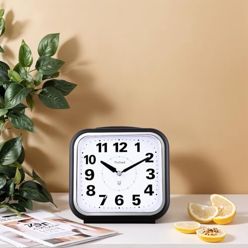 Image of Tinload 5.5 inch Large No Ticking Analog Alarm Clock,Silent Readable for Seniors,Easy to Set,Gradual Rise Alarm,Big Numbers,Gentle Wake,Snooze, Lighted on Demand,Battery Operated,Black