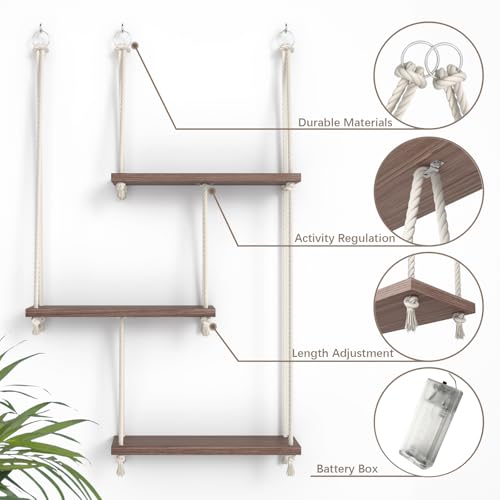 Rustic Boho Hanging Shelves with Vine Lights – Wall Decor Accent - Image 4