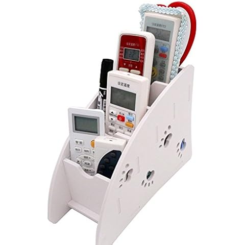 Coideal White Remote Control Holder Caddy, 4 Compartments Carving Detachable Desktop Organizer Plastic Wood Pen Pencil Holder Container for Office Desk Bedroom Makeup Phones (Small) Cover