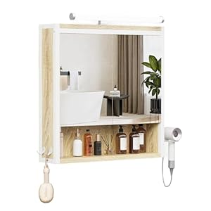 ELUCHANG Spiegelschrank Bad mit Beleuchtung, LED Spiegelschrank Bad 60x60x15cm, E1 MDF+Metall Badezimmerschrank/IP44/Vers... Ablagen, Haartrocknerhalter+Haken, Oak/Weiß
