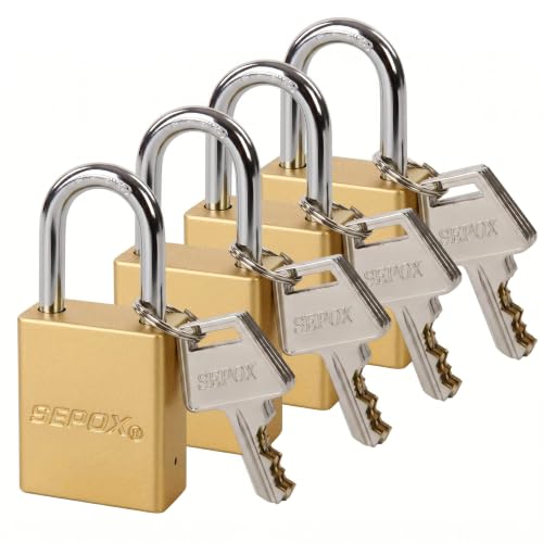 Image of SEPOX 4-Pack HeavyDuty Gold Padlocks - 1-1 /2 inch Alum, Long Shackle, 8 Keys | 4-Pack Gold Aluminum Padlocks, Anti-Rust, Long Shackle. 8 Keys. For Gate, Fence, Storage, Locker & Lockout.