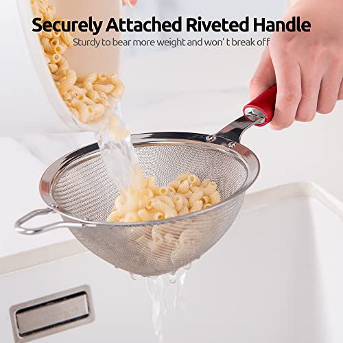 Image of 18 /8 Stainless Steel Mesh Strainer: U-Taste 5.5 Inch Kitchen Fine Mesh Sieve Food Colander with Riveted Sturdy Silicone Handle and 30 Mesh Hole for Straining Flour, Pasta, Fruit, Quinoa (Red)