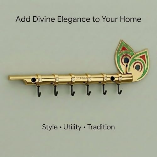 Image of Big Brass Antique Krishna Flute for Key Holder /Key Stand /Keys Hanger Hook /Key Holders for Wall Stylish /Keys Rack Hook /Key Hanging Hooks - Home Decor, Wall Mount - 6 Hooks (Gold)