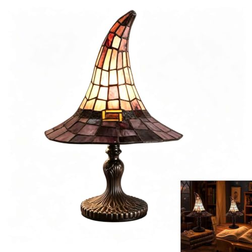 Stained Witch Hat Lamp Handcrafted Retro Gothic Night Light Halloween Tabletop Decorative Lamp for Bedroom Bookshelf Home Decor (Blackish-Purple Large)