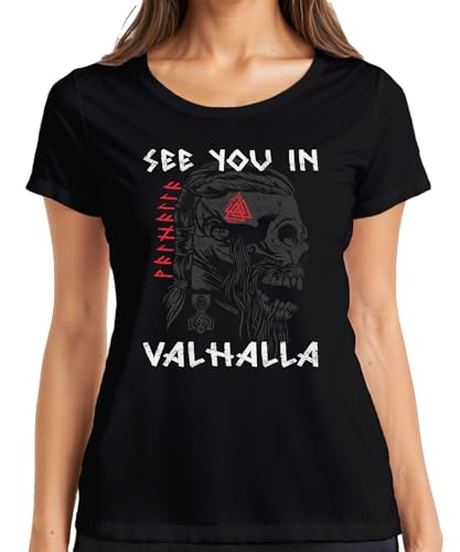 Image of See You in Valhalla Viking Skull Runes Mjölnir Nordic Women's T-Shirt, black, XXL