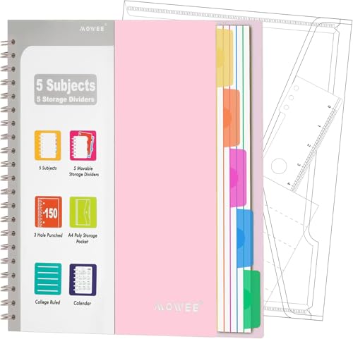 Image of 5-Subject Spiral Notebook, College Ruled, with Pocket & Tab Dividers | 300 Pages, 11 inch Ruler, 8.5 inchx11 inch Pale Pink, Pocket Dividers with Labels, for Writing Journal, Home, Office & School Supplies