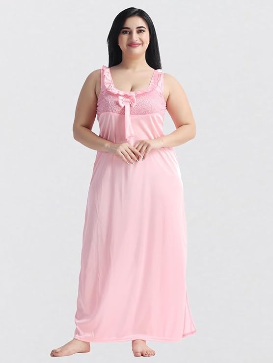 Image of Satin 6 Piece Nightwear Set, Coral Pink Lace Trim Sleepwear with Robe, Nighty, Top, Shorts, Lingerie Set for Women, Summer Collection-Mehndi Green.