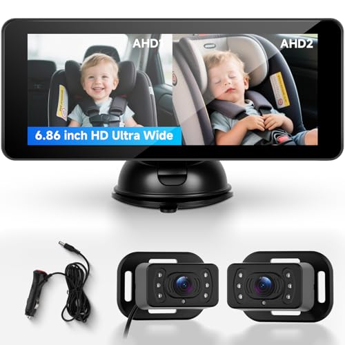 Hodozzy Cámara para Bebé para Coche con Canal Doble, Pantalla Dividida IPS HD de 6,86 Pulgadas, Visión Nocturna, Rotación de 360°, cámara Trasera Fácil de Instalar para Mayor Seguridad y Conveniencia