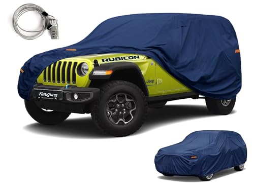 Image of Kaugung Custom Fit Car Cover for Jeep Wrangler 4 Door 4Dr Unlimited JK JL, Heavy Duty Waterproof All Weather Outdoor Protection, Breathable Full Exterior Cover with Vent, Rain Sun Snow UV Proof