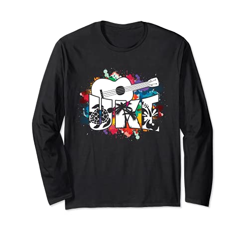 Uke Colorful Guitar Musician Acoustic Hawaiian Long Sleeve T-Shirt, Black