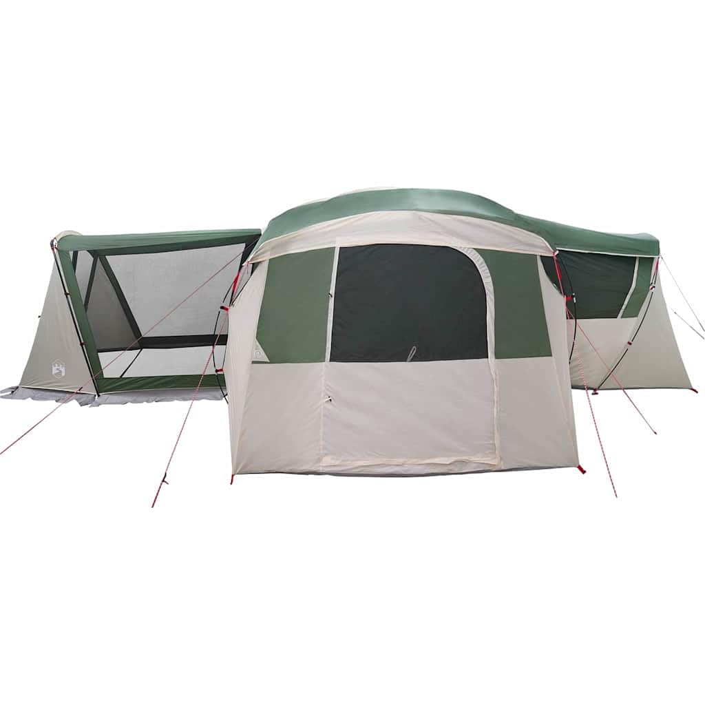 Namiot rodzinny namiot kempingowy, zielony, biały, dla 20 osób, 745 x 700 x 217 cm, z werandą, do aktywności na świeżym powietrzu, na przygody, kemping, podróż i festiwal