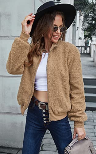 Ecowish Womens Fleece Jacket Full Zip Winter Coats Polar Outerwear Shacket Jacket 225 Dark Camel Small #TOP1