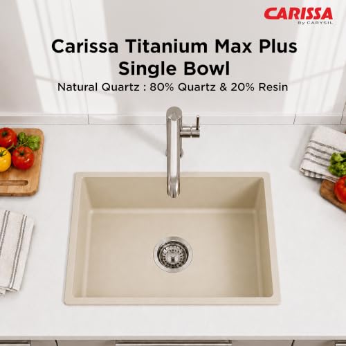 Image of Carissa By Carysil Titanium Max Plus Quartz Kitchen Sink 24 x 18 x 8 inches, Single Bowl Granite Sink with 80% Quartz & 20% Resin, Heat Resistant 300C, 50kg Load Bearing, Stain Resistant - Off White