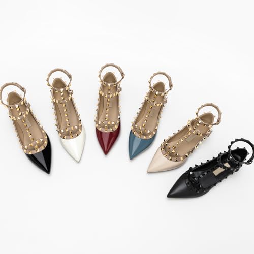Lymphvity Women's Closed Pointed Toe Studs T-Strap Flat Shoes Fashion Adjustable Ankle Strap Rivet Gladiator Flats Dress Shoes for Work Party4