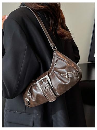 MakeMeChic Women's Y2k Faux Leather Shoulder Bag Buckle Zipper Top Handle Underarm Handbag2