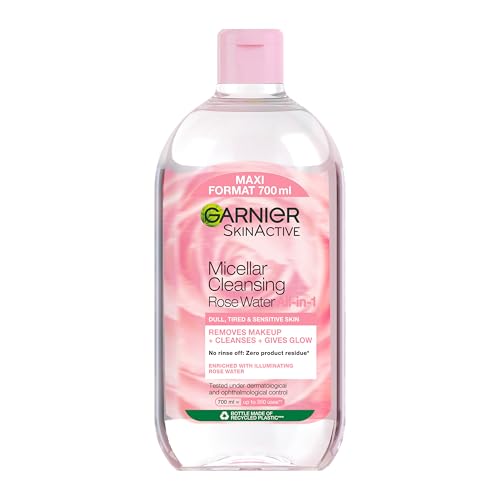 Garnier Skin Active Agua Micelar con Agua de Rosas para Piel Apagada y Sensible, Desmaquilla, Limpia e Ilumina, 700 ml