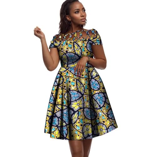 Image of XIAOHUAGUA African Dresses for Women Cotton Cutout Neck Short Sleeve Ankara Dashiki Cocktail Party A-Line Flare Dress