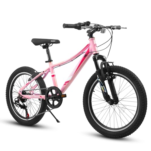 MCFANSHOU 20 Inch Kids Bike with Front Suspension & 7-Speed Gears,The Girls Mountain Bike for Ages 8-12 (Pink)