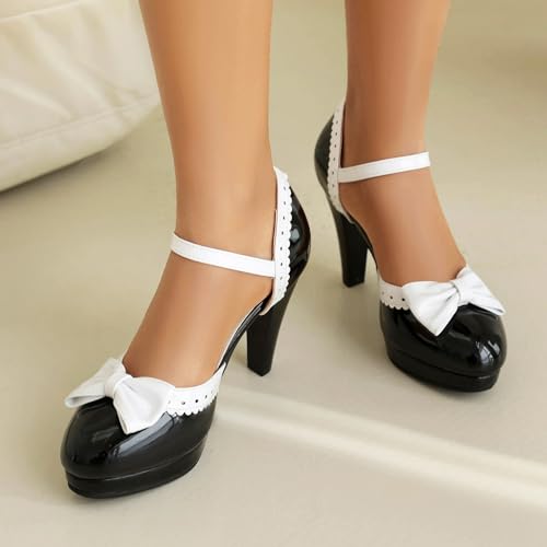 Image of ForeMode Fashion Women T-Strap High Heels Bow Platform Round Toe Pumps Leather Summer Sweet Shoes