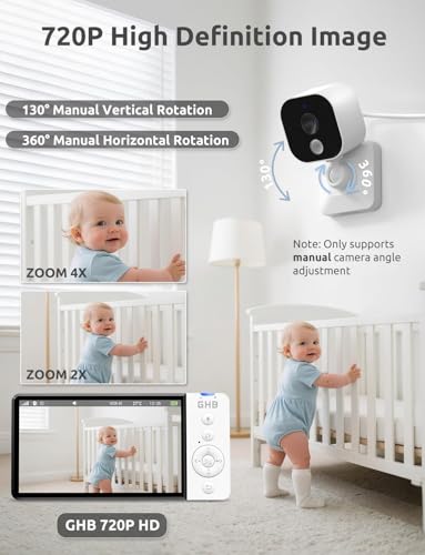 GHB 5-Inch Baby Monitor with Camera and Night Vision, IPS Screen, 2-Way Audio, Temperature Sensor, Digital Zoom, Lullabies, Feeding Reminder, VOX Mode