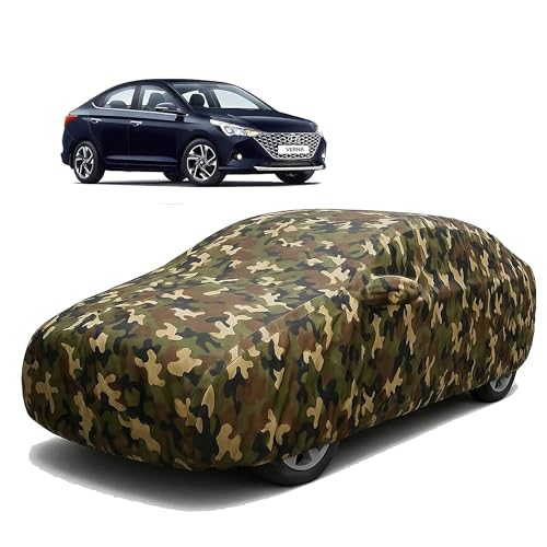Image of Sulfar 100% Waterproof Car Body Cover Compatible with Mirror for Hyundai Fluidic Verna 4S with Long Lasting Durable Material (Triple Stitched, Full Bottom Elastic, Camouflage Army)