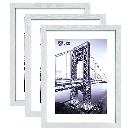 Image of VCK 18x24 Poster Frame Solid Wood White 3 Pack Picture Frames 18 x 24 Inches with Wall Mounting Hanging