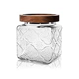 Vintage Glass Jar with Wood Lid - 16 OZ Small Airtight Canister for Kitchen Pantry and Bathroom, Decorative Storage Container for Candy, Coffee, Sugar, Tea, Nuts, Cotton, Bath Salts, Treat, Begonia