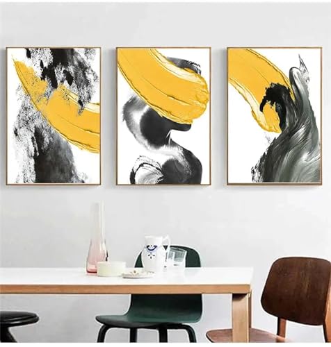 Tableau abstrait jaune et noir 60x90cm, affiche nordique et poster mural moderne grand format