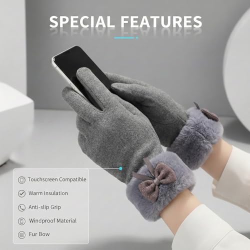 Image of Kraptick Women's Winter Woolen Gloves - Premium Thermal Fleece Lined Touchscreen Hand Warmer Gloves for Cold Weather, Cycling & Driving Soft Fur Cable Knit Elastic Mittens (Free Size, Purple Bow)-6