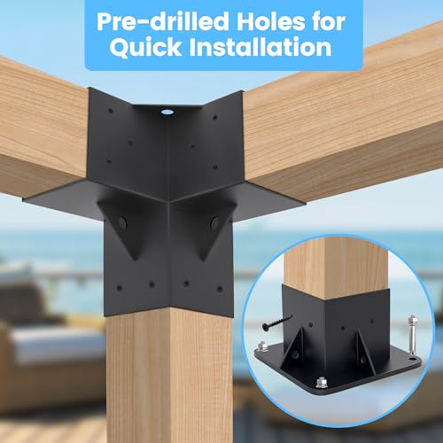 Neorexon Pergola Bracket Kit Elevated Wood Stand Kit Woodwork 4\" x 4\" (Actual 3.5\" x 3.5\"), Solid Steel DIY Pergola Hardware Kit, 2PCS 3-Way Right Angle Corner Bracket & 2PCS Base Bracket