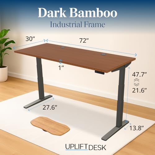 Image of UPLIFT DESK Dark Bamboo (72 x 30 inch) Standing Desk 2-Leg V3 Adjustable Stand Up C-Frame (Indus.), Advanced Keypad, Wire Grommets, Wire Tray, Rocker Board