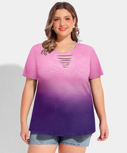 Image of CARCOS Plus Size Tops for Women Short Sleeve Shirts Basic Tee Solid Color Blouse V Neck Tunic Loose Fit Tshirts Summer XL-5XL