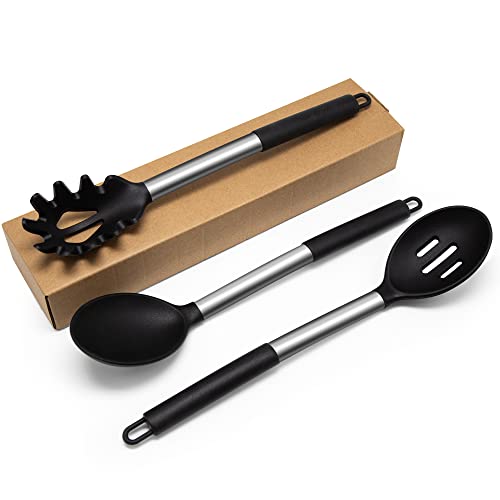 Silicone Cooking Spoons, Large Heat Resistant Silicone Pasta Slotted Spoon Solid Spoon For Nonstick Cookware, Bpa Free Black Silicone Kitchen Spoons Dishwasher Safe For Cooking Mixing Serving, 3 Pack #TOP7