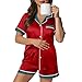 Women Pajamas Set Fashion Solid Satin Soft Comfy Short Sleeves Button Lapel Blouse Tops Pj's Shorts Lounge Outfits Wine Small