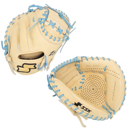 SSK Z5 Craftsman Youth Baseball Catcher\'s Mitt - 31.5\" - 32.5\" Right & Left Hand Throw (Camel/Columbia, 31.5\" - Left Hand Throw)