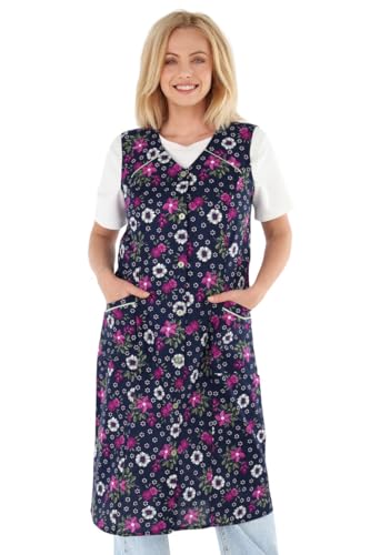 Schuerzenfabrik Knopfkittel Baumwolle bunt Kochschürze Hauskleid Kittel Schürze ohne Arm Farbe:Schwarz/Lila Größe:44