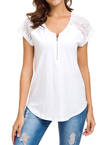 Lusmay Women White Lace Shirts Plain Casual Short Sleeve Zip Up V Neck Cotton Junior Blouse M #TOP5