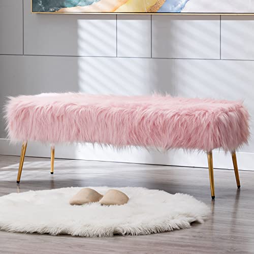 Duhome Faux Fur Plush Ottoman Bench, Modern Fluffy Upholstered Bench For Entryway Dining Room Living Room Bedroom, Pink #TOP26