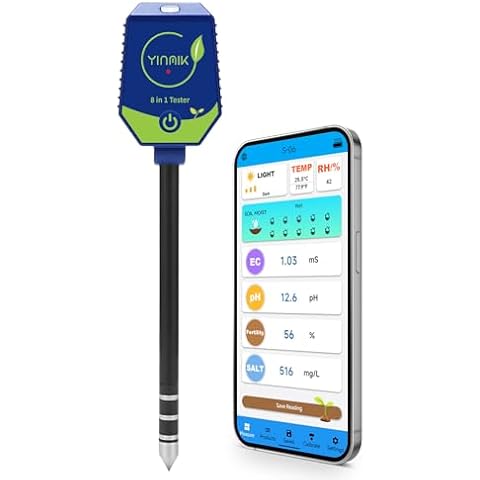 Smart Soil Test Kit, 8-in-1 pH/Moisture/EC/Fertility/Salt/Sunlight Intensity/Air Humidity/Temperature Monitor, pH Meter Hygrometer for Greenhouse Garden Farm, pH Conductivity Meter for Soil Hydroponic Cover