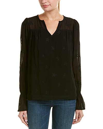 Michael Stars Women's Star Embroidered Long Split Neck Bell Sleeve Top, Black, XS