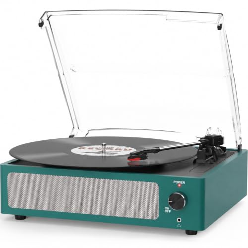 Image of Vinyl Record Player Turntable with Speakers, Dark Teal