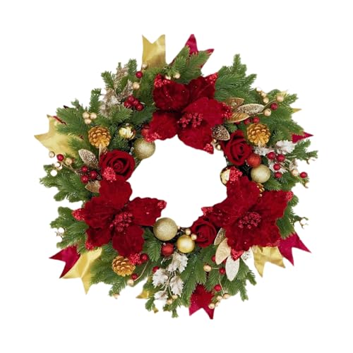 SAKEIOU Corona de Navidad de 16.0 in con Flores Artificiales de Pascua, Adornos de Bolas, Conos de Pino, Corona Colgante para decoración de Pared de Puerta