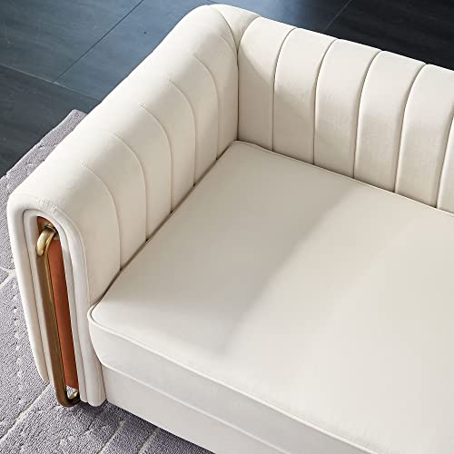 Image of KEIKI 84 inch Velvet Deep Channel Tufted Sofa with Back Cushions and Rolled Arms, Modern Style 3-Seater Couch with Golden Polished Steel Legs, Easy Assembly, for Living Room, Bedroom, Office, Beige