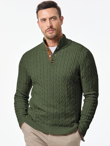 JMIERR Men's Cable Knit Pullover Sweater Casual Long Sleeve Stand Collar Button Knitted Sweaters - Image 3
