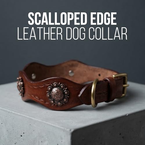 Image of Genuine Leather Dog Collar, X Large, Scalloped Edges, Hand Tooled | Brass Buckle, D Ring, Adventure, Thick Leather, Heavy Duty, Hand-tooled Western Design, Fit Neck Size 22 inch-26 inch